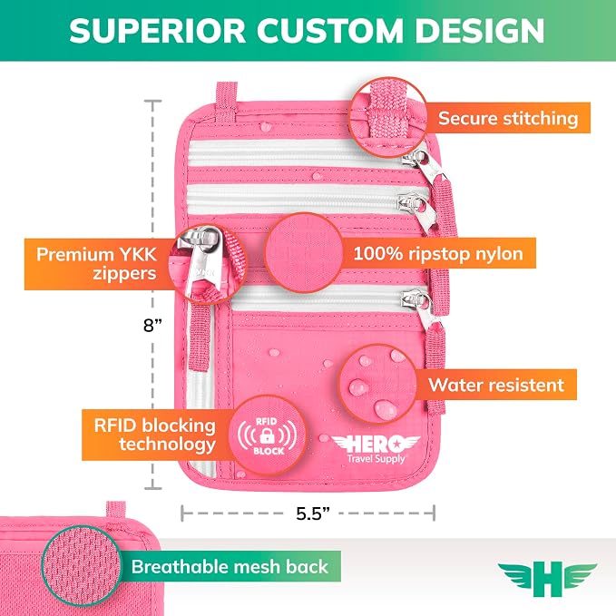 HERO Neck Wallet - RFID Blocking Passport Holder, Easy to Conceal Travel Pouch (Hot Pink) - Image 3