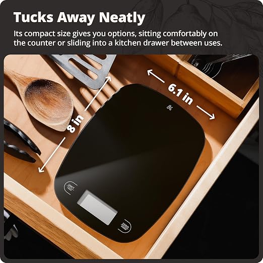 Greater Goods Food Scale, Slim & Compact Build, 1g Precision (Black Glass) | Digital Kitchen Scale for Cooking, Meal Prep & Portion Control, Tare, Auto Shut-Off, g/oz/lb/ml Conversion & Calorie Tracking - Image 8
