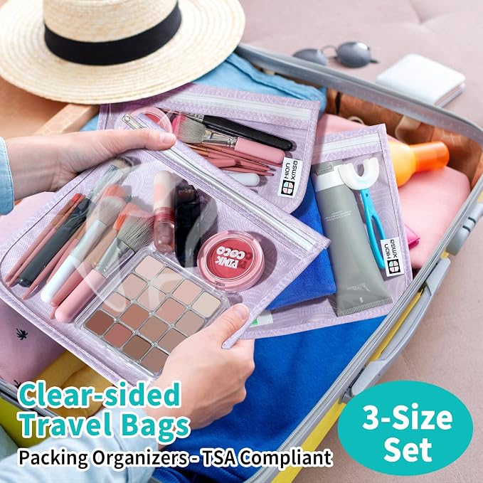 HIONXMGA Set of 3 Clear Travel Toiletry Bag, TSA Approved, Quart Size S/M/L | Clear Front Zipper Pouches Waterproof Cosmetics Bags for Women Kids Toiletries Baby Essentials Well-Organized Carry, Wander - Image 2