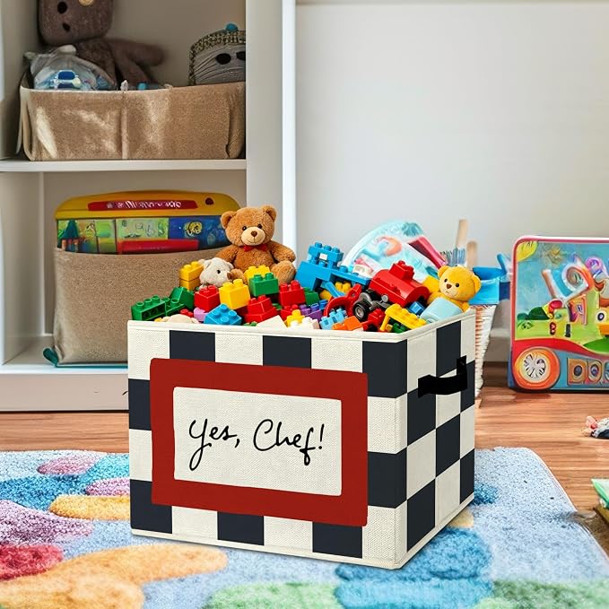 Cooking Playroom Chef Slogan Storage Bins Box with Handles Organizer Basket | pretend kitchen foldable basket for organizing, buffalo checkered collapsible toys clothes for nursery bedroom, 10x14 in - Image 2