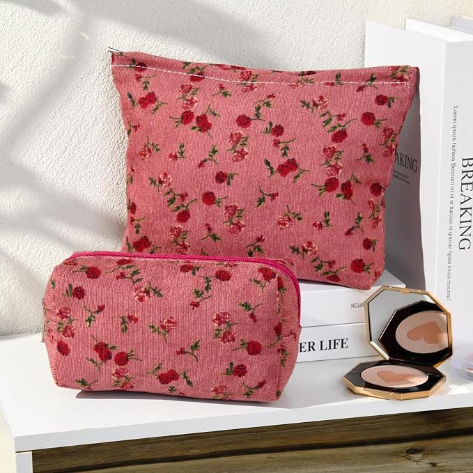SOIDRAM 2 Pieces Rose Makeup Bag Large Cosmetic Bag Capacity Canvas Mix Travel Toiletry Bag Organizer Cute Makeup Brushes Aesthetic Accessories Storage Bag for Women, Rose Mix Green Red - Image 7