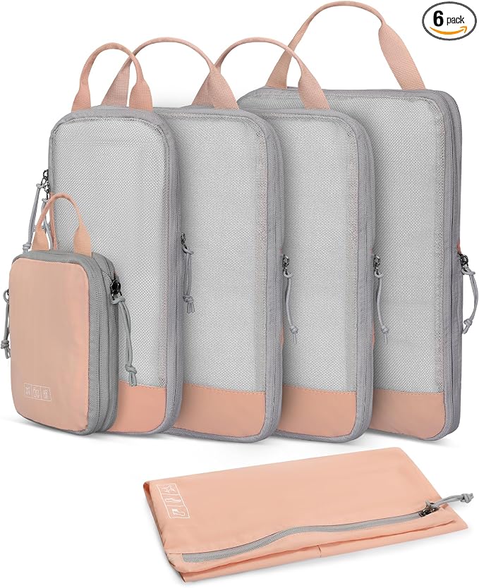 6 Set/ 4 Set/ 2 Set Compression Packing Cubes Travel Essentials Lightweight Nylon Luggage Suitcase Organizer Bag Light Pink 6PCS by HynesEagle