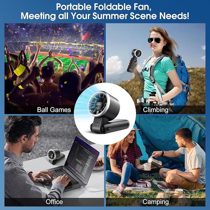 WHATOOK Portable Handheld Turbo Fan: 12m/s Strong Wind 15000RPM High Speed Mini Fan, 4000mAh Battery Rechargeable Personal Fan with LED Display, 3 in 1 Foldable Fan for Tech Gift, (Black) - Image 5