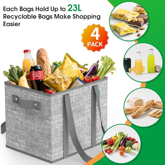 Fab totes Reusable Grocery Bags, Large Foldable Shopping Tote Bags with Reinforced Handles & Hard Bottom,4 Pack, Grey - Image 4