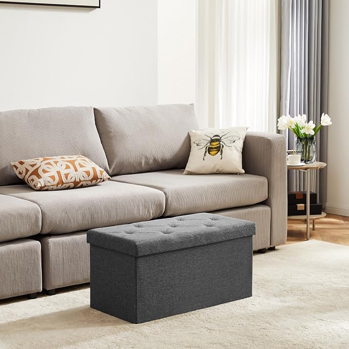 DUMOS 30 Inch Foldable Storage Ottoman Bench, Gray Ottoman with Storage | End of Bed Foot Stool with Foam Padded Seat, Linen Fabric Hidden Storage Chest for Bedroom, Living Room, Loads 660 LBS - Image 8