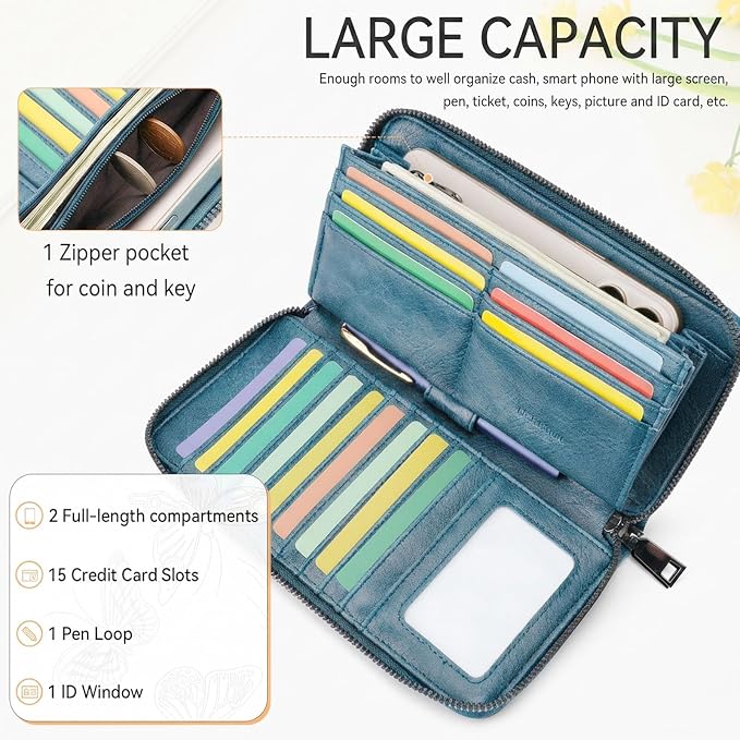 BELTANA Womens Wallet RFID Wallet Women with Passport Holder Butterfly Vegan Leather Multi Card Slots Wallets Large Capacity Wristlet Travel Purse for Women (Peacock-Blue) - Image 4