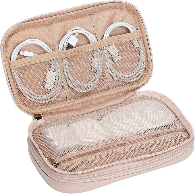 NISHEL Electronics Travel Organizer Cord Case, Charger Cable Tech Bag | Double-layer bag keeps chargers, cables, flash drive, and small tech essentials organized for trip, Medium, Pink - Image 5