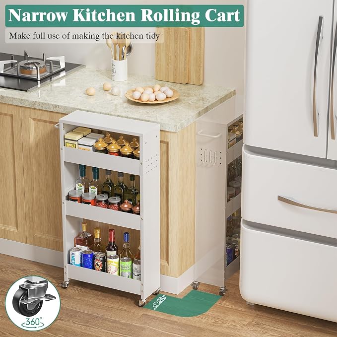 CHLORYARD Slim Storage Cart, 4-Tier Kitchen Rolling Cart Narrow Storage Cabinet with Handle & Wheels, Metal Rolling Shelf Unit for Kitchen Bathroom Laundry Small Places (5.9IN White/White) - Image 3