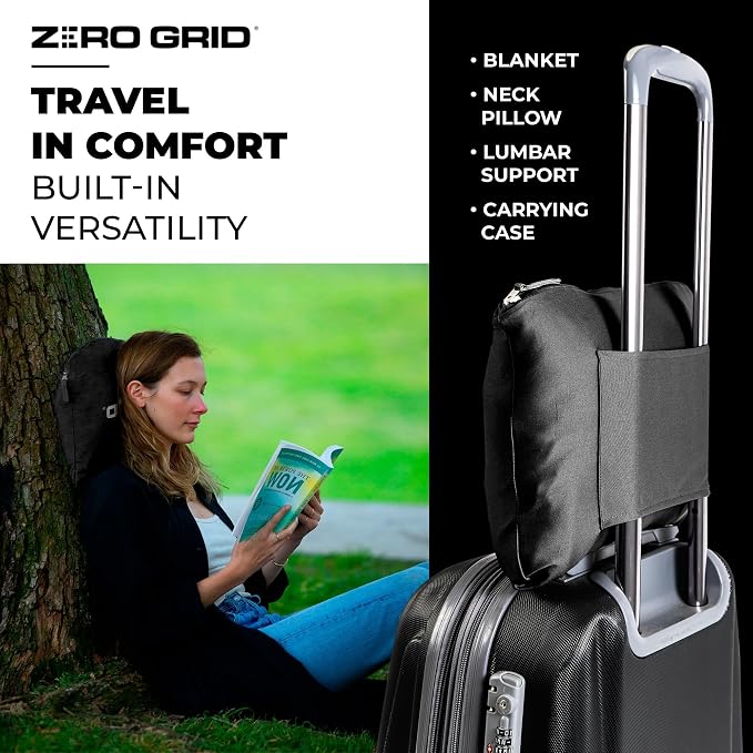 Zero Grid Lightweight Airplane & Travel Blanket with Foot Pockets, Black | Compact Wearable Blanket with Neck Snaps, Zips & Converts to Soft Pillow for Ultimate Comfort - Image 6