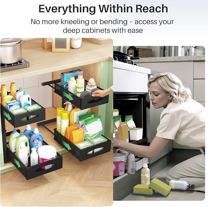 Under Sink Organizer, 2 Tier Pull out Cabinet Organizer Baskets with Mesh Sliding Drawers, Slide out Storage Shelf for Home, Kitchen, Bathroom, Pantry, Office Cabinet, Countertop(1 Pack) - Image 7