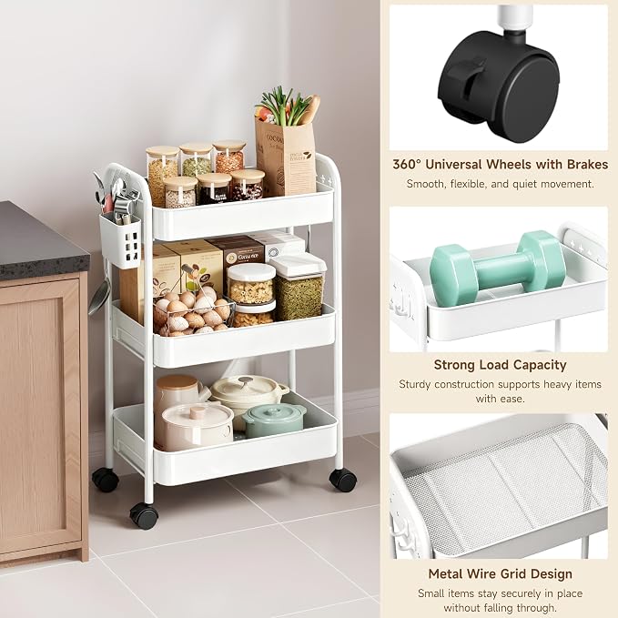 Heavy-Duty Rolling Cart 3 Tier Metal Utility Storage Cart | with Casters, Hooks & Hanging Cups, Rolling Storage Organizer for Kitchen Office Craft Snack Book - Image 5