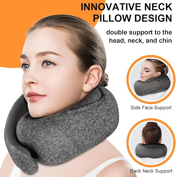 Travel Pillow - Hooded Neck Pillow Airplane Memory Foam Filling | for Plane, Office, Cars Sleeping, Road Trip, Long Flights Essentials, Includes Eye Mask & Earplugs (Dark Gray) - Image 2