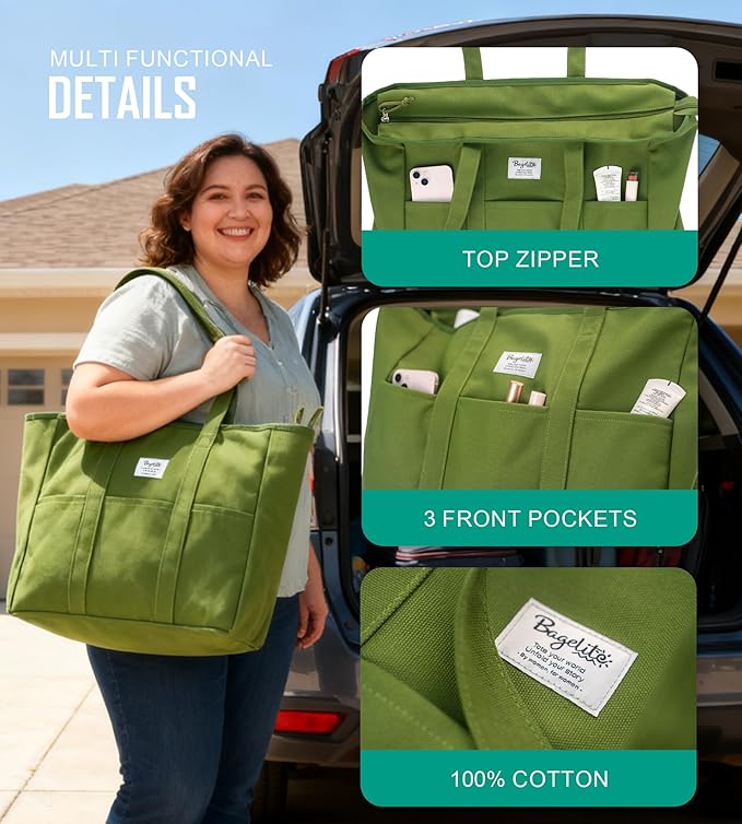 Bagelite Extra Large Canvas Tote for Women Men, Utility Work Bag with Zipper - Image 3
