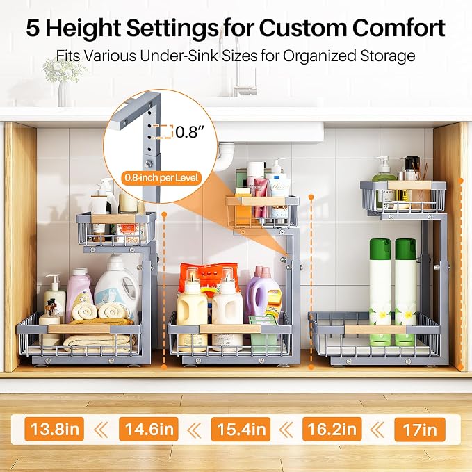 PXRACK Under Sink Organizer, Adjustable Height, 2 Tier Pull Out Under Cabinet Organizer, Slide Out Thickened Metal Under Sink Storage for Kitchen Bathroom Laundry Pantry Cabinet, Grey, Large-1-Pack - Image 5