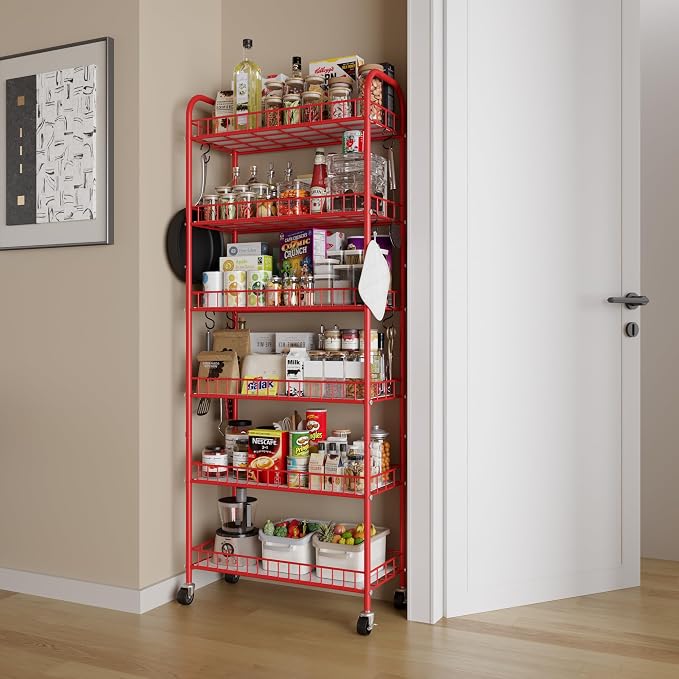 Slim Rolling Storage Cart, 6 Tier Metal Kitchen Rolling Utility Cart with Lockable Wheels for Kitchen, Bathroom, Laundry Room, Small Narrow Spaces (Red 10 Inches) - Image 9