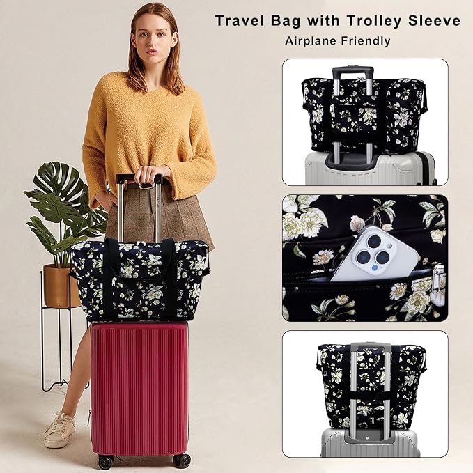 Expandable Duffel Bag for Women with Trolley Sleeve/Wet Pocket Weekender Travel Tote Large Carry On Overnight Luggage - Image 2