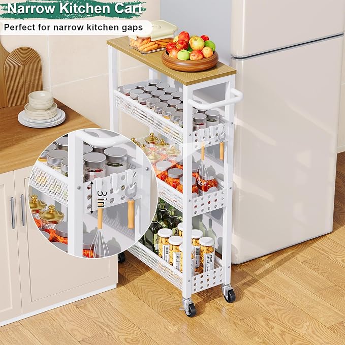 4 Tier Slim Rolling Cart with Wheels for Between Washer and Dryer Storage | White Metal Rolling Spice Rack Next to Fridge, Narrow Kitchen Cabinet for Small Spaces, Laundry Room Organizer Carts - Image 4