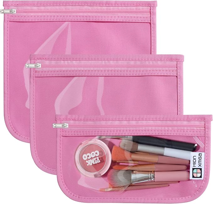 HIONXMGA Set of 3 Clear Travel Toiletry Bag, TSA Approved, Quart Size S/M/L | Clear Front Zipper Pouches Waterproof Cosmetics Bags for Women Kids Toiletries Baby Essentials Well-Organized Carry, Pink by HIONXMGA
