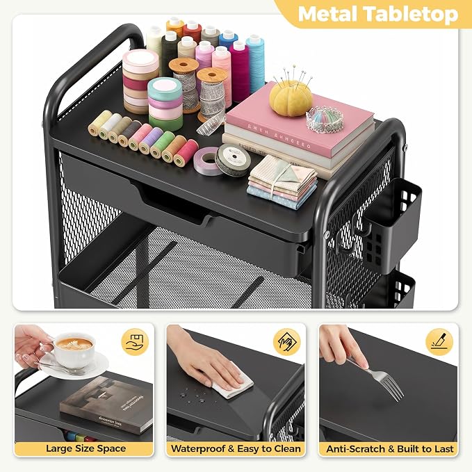 KINGBOARD 3 Tier Metal Rolling Cart with Drawer, Black Utility Storage Cart | 2 Cups & 4 Hooks, Lockable Wheels, Trolley Organizer for Bathroom, Kitchen, Office, Nursery, Dorm, Laundry, Craft Room - Image 5