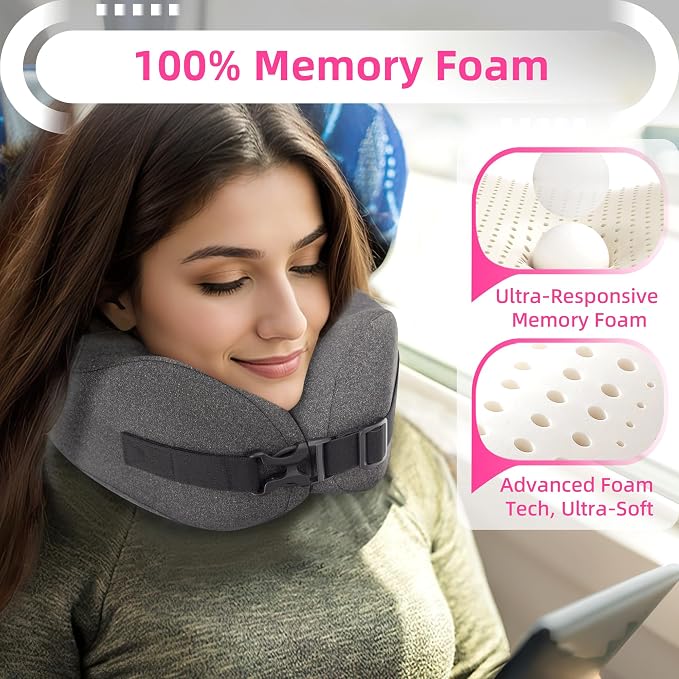 Neck Pillow Airplane Travel Set - Pure Memory Foam Travel Pillow for Long Flights Essentials, Sleeping with 3D Contoured Eye Mask, Earplugs, Portable Bag (Grayish) - Image 5