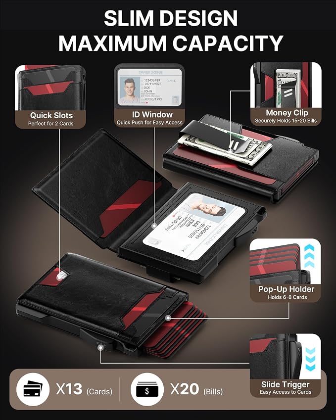 typecase Wallet for Men: Rfid Blocking Wallet 9-13 Card Capacity with Money Clip Slim Leather Front Pocket Smart Pop Up Card Case Bifold Minimalist Wallet with Gift Box - Atlanta Black - Image 2