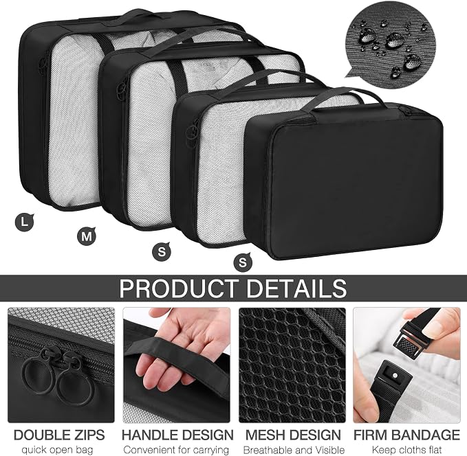 KPX 8 Set Packing Cubes for Travel, Luggage Packing Organizers Accessories Large Toiletries Bag for Clothes Shoes Cosmetics (Black) - Image 3