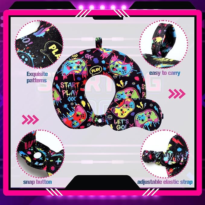 Gilprop 4 Pcs Game Travel Pillow with Sleep Eye Mask, U Shaped Memory Foam Headrest & Neck Pillow with Washable Cover, Soft Neck Head Support Travel Accessories for Airplane Car Train Bus Trips - Image 5