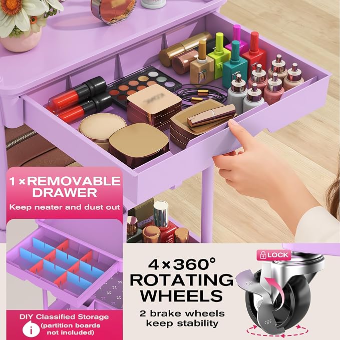 Goovilla Rolling Makeup Organizer Cart with Removable Drawer, 4 Tier Purple | Stable Floor Skincare Storage Cart for Vanity, Cosmetic Display, Nail Polish, Perfume, Hair Stuff, Beauty, Bathroom(Plastic) - Image 3
