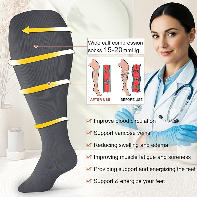 Diu Life 3 Pairs Plus Size Compression Socks for Women and Men Wide Calf Extra Knee High Support for Circulation - Image 6