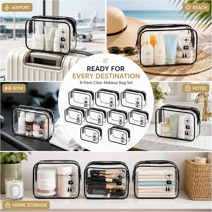 8 Pack Clear Toiletry Bag Clear Makeup Bag Zipper Toiletry Pouch | Includes 3S 3M 2L PVC Cosmetic Pouches with Zipper for TSA Toiletry Bag Set Travel Packing and Daily Organization - Image 8