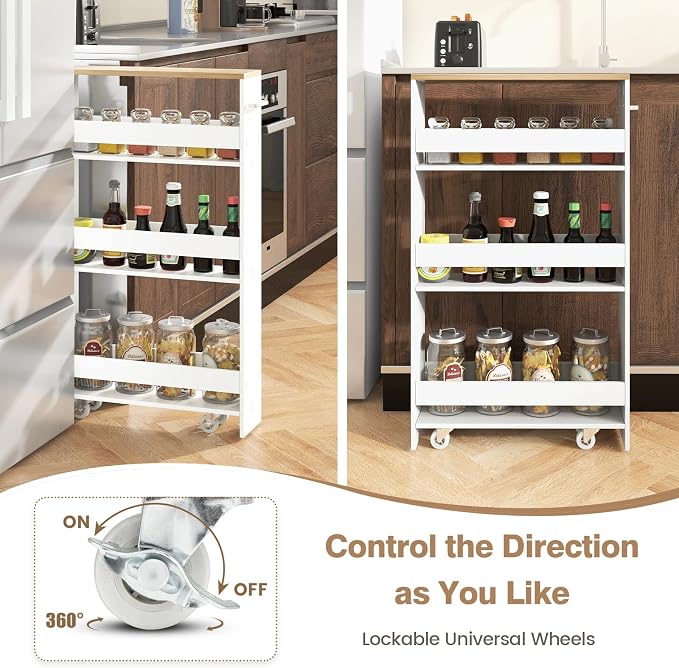 5”W Wooden Slim Rolling Storage Cart, 4 Tier Rolling Spice Rack with Handle, Cabinet Between Washer & Dryer, Slide Out Narrow Kitchen Cart for Kitchen Laundry Narrow Places - Image 6