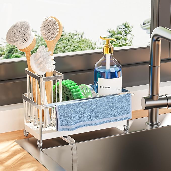 Cisily Sponge Holder for Kitchen Sink, Sink Caddy Organizer with High Brush Holder, Kitchen Countertop Organizers and Storage Essentials, Rustproof 304 Stainless Steel (Silver with Towel Rack, 9.25″) by CISILYHOMELIFE