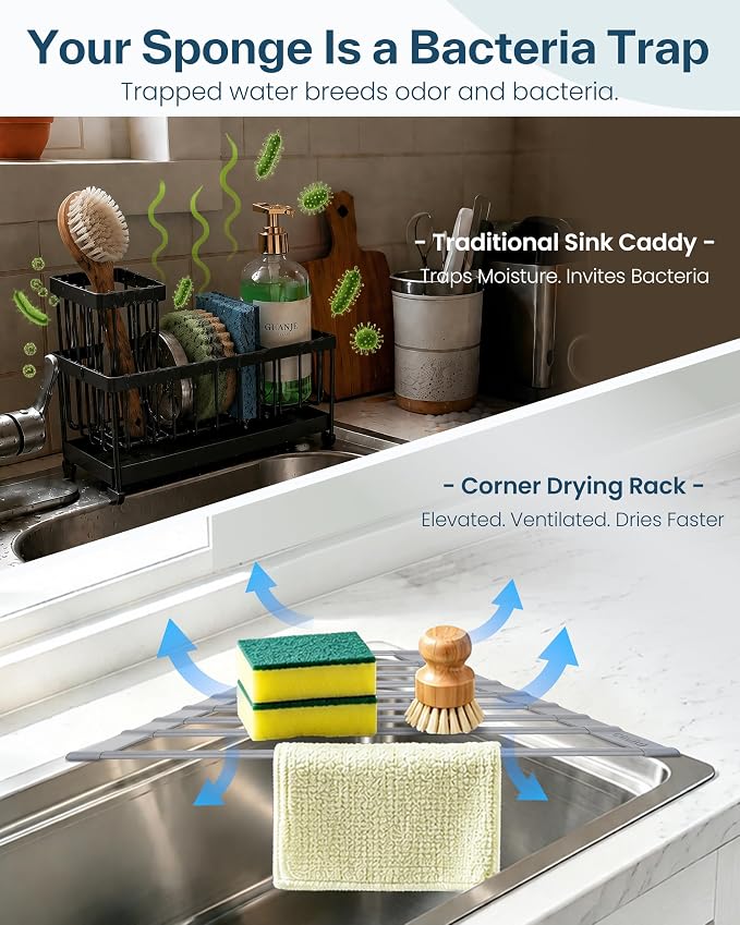 Ohuhu Triangle Roll Up Dish Drying Rack, Silicone Wrapped Steel Anti-Slip Sink Corner Rack Caddy Multipurpose Strainer for Kitchen Sink Trivet Space-Saving - Image 3