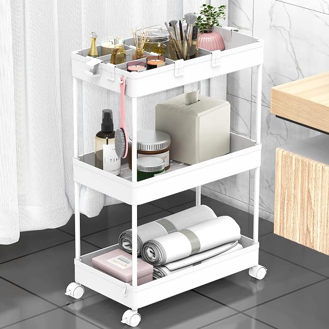 3 Tier Rolling Cart with Wheels, Storage Craft Art Trolley Organizer Serving, 3 Hanging Baskets Easy Assembly, for Office, Bathroom，Living Room, Kitchen, White by Home
