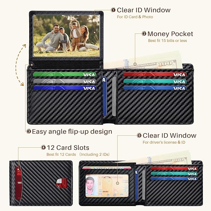 Tipmile Wallet for Men Slim RFID Blocking Credit Card Holder, Minimalist Men Wallets 12 Cards with 2 ID Windows & Cash Slot, Bifold Front Pocket Wallet Gifts for Men - Image 2