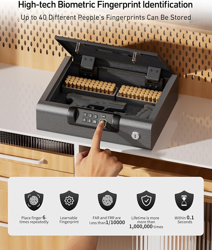BILLCONCH Large Gun Safe Biometric Fingerprint Handgun Pistol Safes | Fingerprint PIN Key Unlock, Interior Light and USB Charging Lock box with Silent Mode for Bedroom Nightstand - Image 3