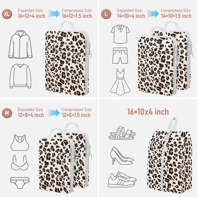 6 Set Compression Packing Cubes, Suitcase Organizer, Lightweight Travel Essentials, Compression Bags For Travel Accessories Luggage Storage Set (6Pcs, Brown Leopard) - Image 2