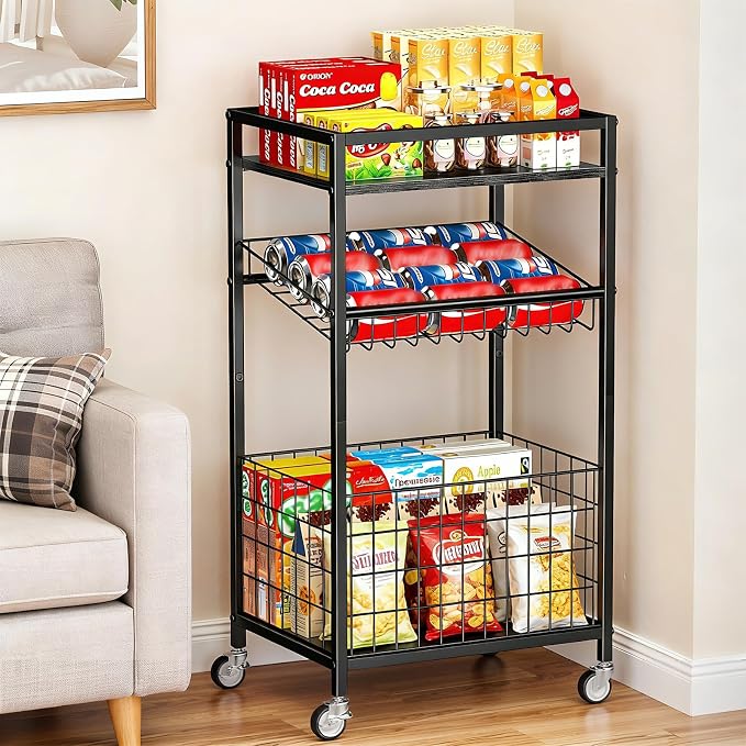 Fruit Vegetable Cart, 3-Tier Snack Cart on Wheels & Wood Top, Black | Vegetable Rack For Kitchen, Kitchen Cart Organizer for Fruit, Vegetables, Potato, Snack - Image 7