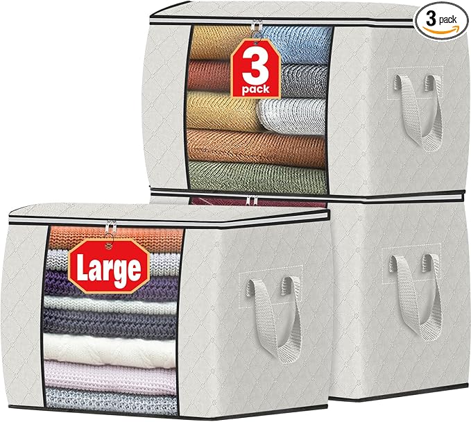 90L Clothes Storage, Foldable Thick Fabric Blanket Storage Bags | Foldable Containers with Zippers,Window and Handles for Organizing Bedroom, Closet, Comforter, Bedding,Dorm essentials by Fabtotes