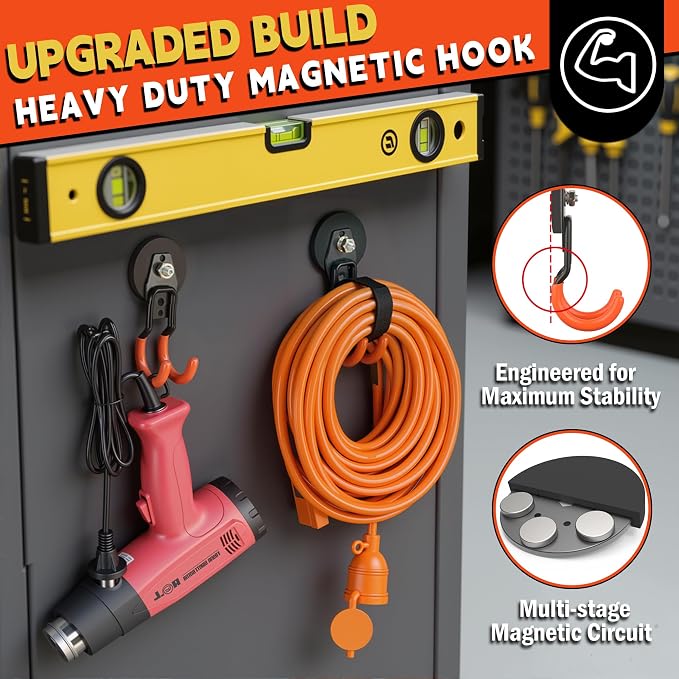 ULIBERMAGNET New Upgraded Garage Strong Magnetic Hooks, 4 Pack Heavy Duty Large J Hooks with Magnet, Anti-Slip Coating Magnet Hooks for Garden Tools, Ropes,Drill - Image 5