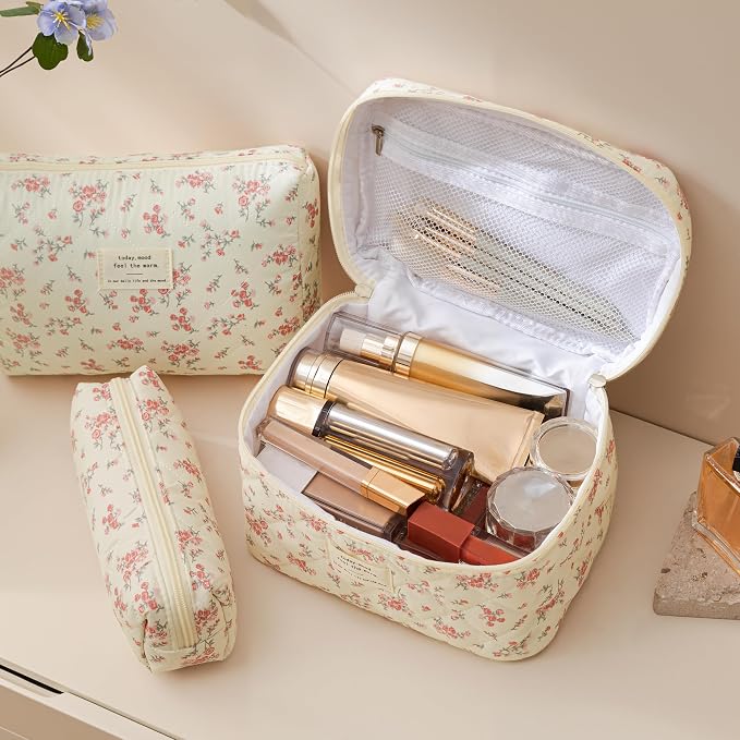 HBselect Quilted Makeup Bag, 3Pcs Cotton Large Travel Makeup Bags Organizer | Cute Floral Make up Bag Cosmetic Bag Toiletry Bag for Women Girls, Makeup Pouch for Skincare, Brushes & Travel Essentials - Image 3