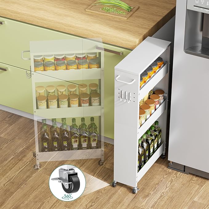XYZLVSI Slim Storage Cart, Narrow Kitchen Rolling Cart for Small Spaces | 5.9" W skinny storage cart, 12.4" bottom metal utility cart with 360° swivel wheels for bathroom/laundry, slim shelf, white - Image 9