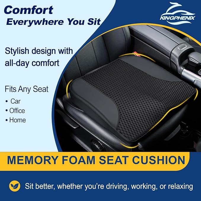 kingphenix Memory Foam Car Seat Cushion for Driving Comfort and Office Use | Coccyx & Lower Back Pressure Relief, Non-Slip 4D Mesh Seat Cushion for Cars, Trucks, SUVs, Long Drives & Office Chairs, Black - Image 2