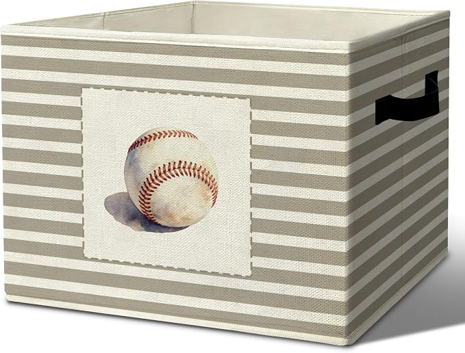 Rustic Baseball Storage Bins Boxes Handles | grey striped nursery foldable basket for organizing bedroom toddler playroom by Unknown