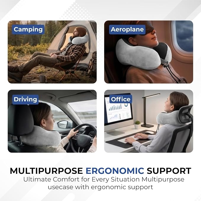 Travel Neck Pillow, Premium Memory Foam, Travel Pillow for Flights, Neck Pillow for Travelling, Ergonomic Neck Support Cushion, Lightweight & Washable Cover (Gray - U Shape) - Image 6