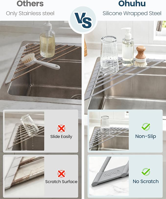 Ohuhu Triangle Roll Up Dish Drying Rack, Silicone Wrapped Steel Anti-Slip Sink Corner Rack Caddy Multipurpose Strainer for Kitchen Sink Trivet Space-Saving - Image 5