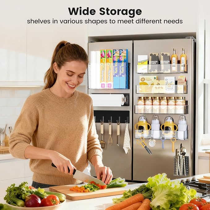 Magnetic Spice Rack for Refrigerator,8 Pack Magnetic Shelf,Fridge Magnet Organizer with Paper Towel Holder,Utensils Racks,Hook Rack,Deepened Basket,Fridge Organizers and Storage Clear(8 Pack) - Image 7
