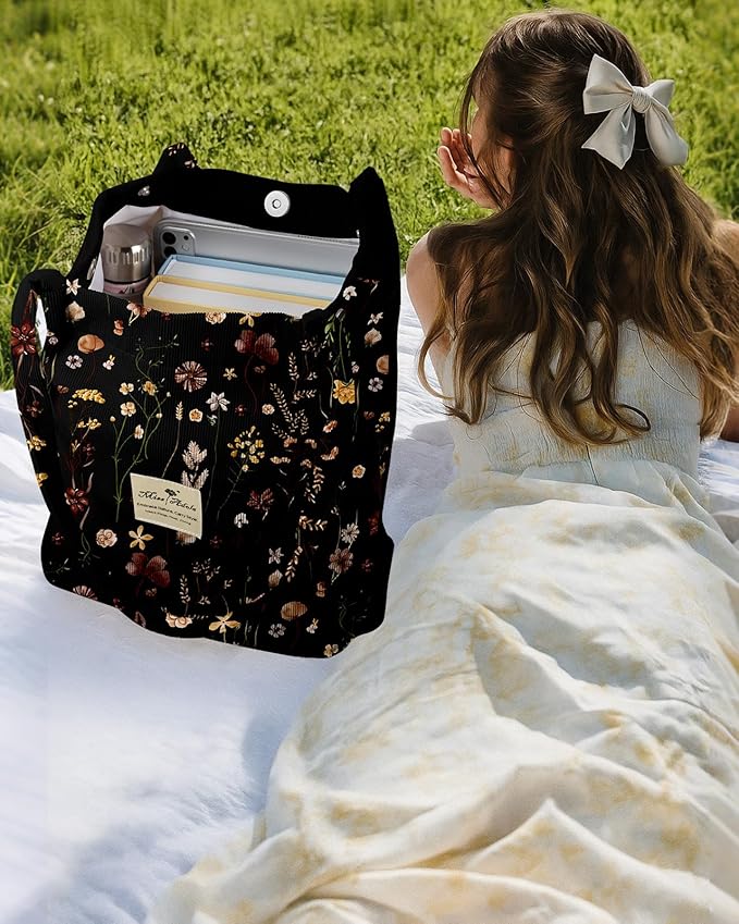 Miss Adola Corduroy Tote Bag for Women with Aesthetic Design | Magnetic Buckle & Pocket, Reusable, Soft, Roomy, Long Shoulder Handles, Double-sided Print, Casual Daily Work, Grocery Bags - Image 2