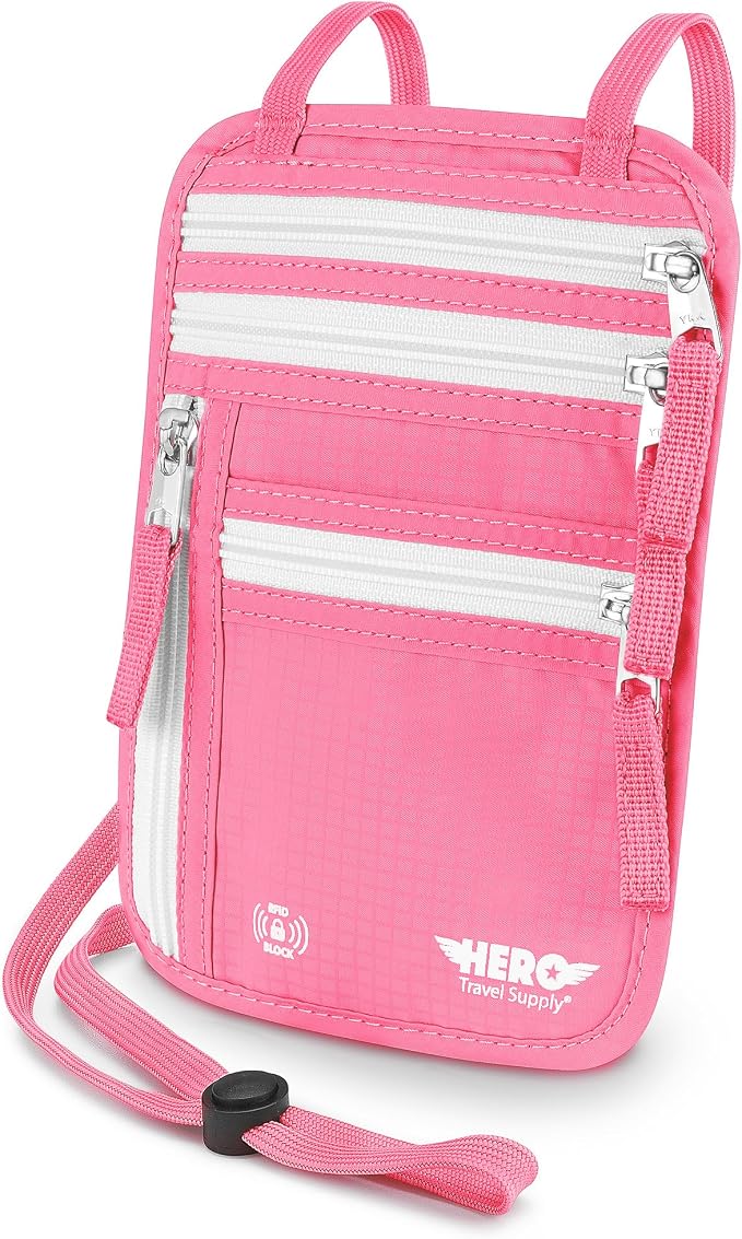HERO Neck Wallet - RFID Blocking Passport Holder, Easy to Conceal Travel Pouch (Hot Pink) by HeroTravelSupply