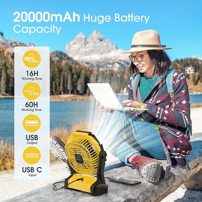 Portable Fan Rechargeable 20000mAh Cordless Battery Powered Camping Fan | with LED Lantern, Small Table Fan, USB Battery Operated Fans for Travel Bedroom Home Camping Tent Office Beach Desk Yellow - Image 2
